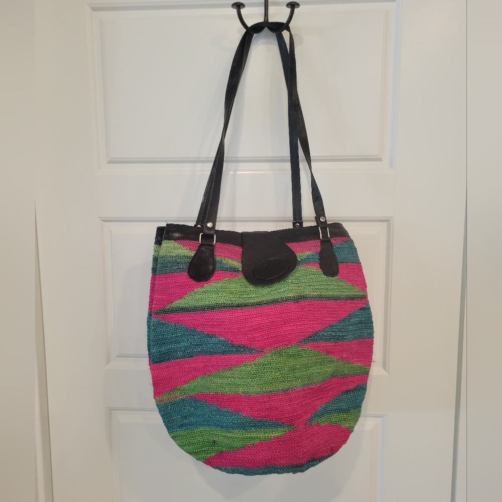 AMAZONIA WOVEN BUCKET PURSE WITH LEATHER STRAPS MADE IN SPAIN